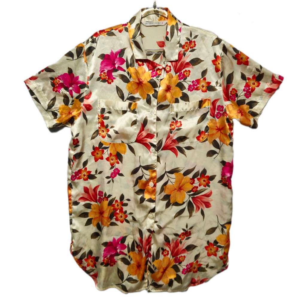 Victoria's Secret Satin Floral Sleep Shirt Womens Small Tropical Pajama Top